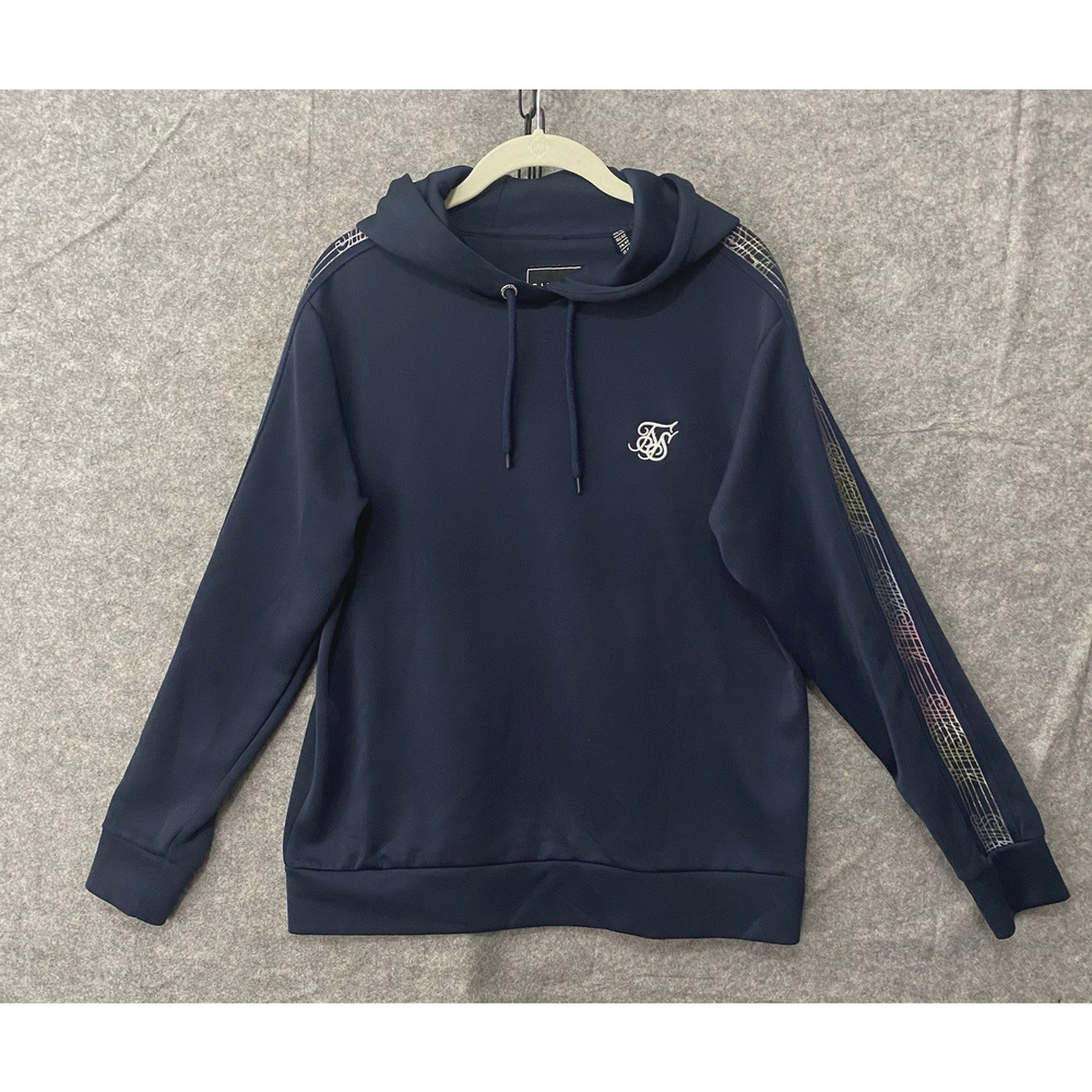 SikSilk Hoodie Mens Sz M Navy Pullover Long Sleeve Logo‎ Graphic - SIZE NOTE